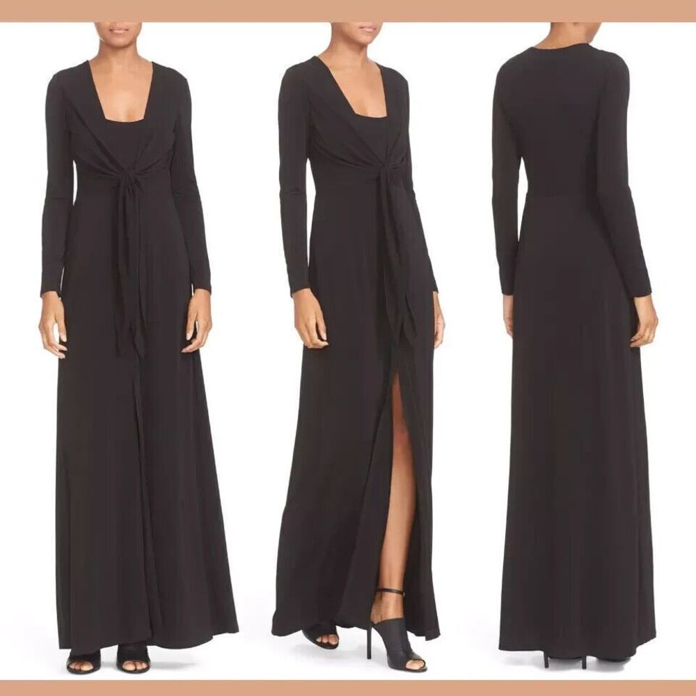 Alice+Olivia Women‎ Salina Tie-Waist Maxi Dress Size S Black Evening Long Sleeve